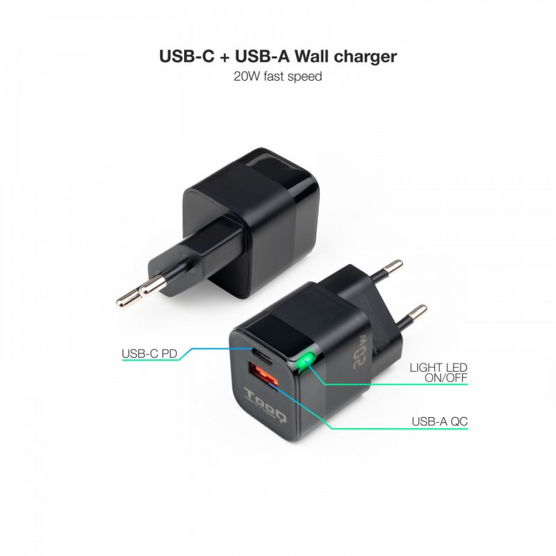 TooQ Wall Charger USB-C/PD USB-A/QC 20W, Black