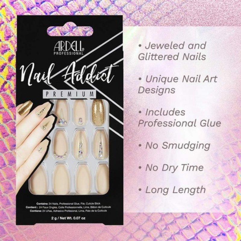 ARDELL Nail Addict Nude Jeweled Press On Nails with Glue and File - 24 Artificial Glitter Nails for Beautiful