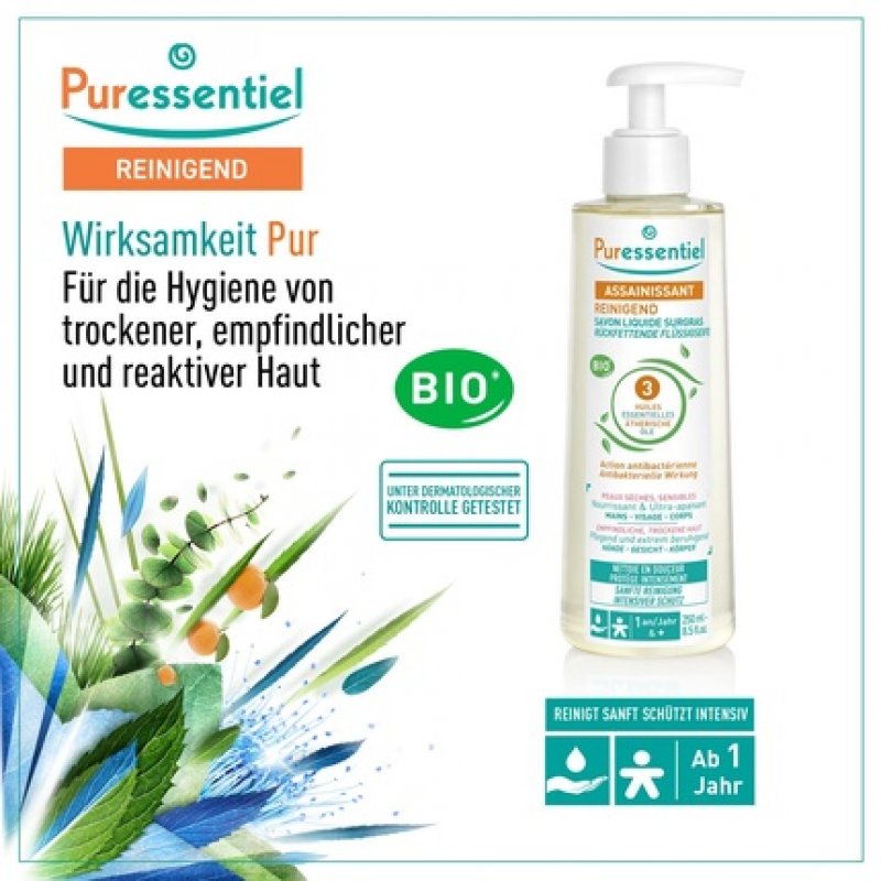 Puressentiel Cleansing and Nourishing Liquid Soap with 3 Organic Essential Oils for Face, Hands, and Body 250ml