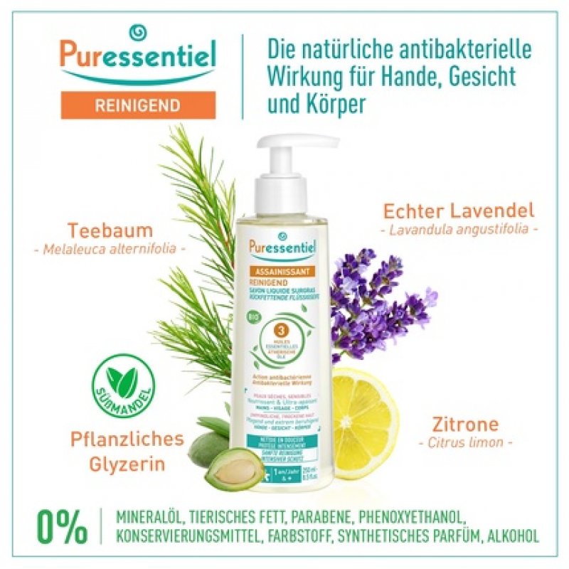 Puressentiel Cleansing and Nourishing Liquid Soap with 3 Organic Essential Oils for Face, Hands, and Body 250ml