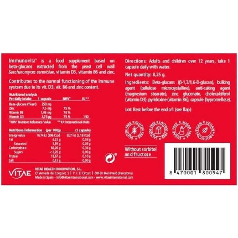 Vitae ImmunoVita Betaglucans, Vitamin D3, B6, and Zinc for Strong Immune System 30 Capsules