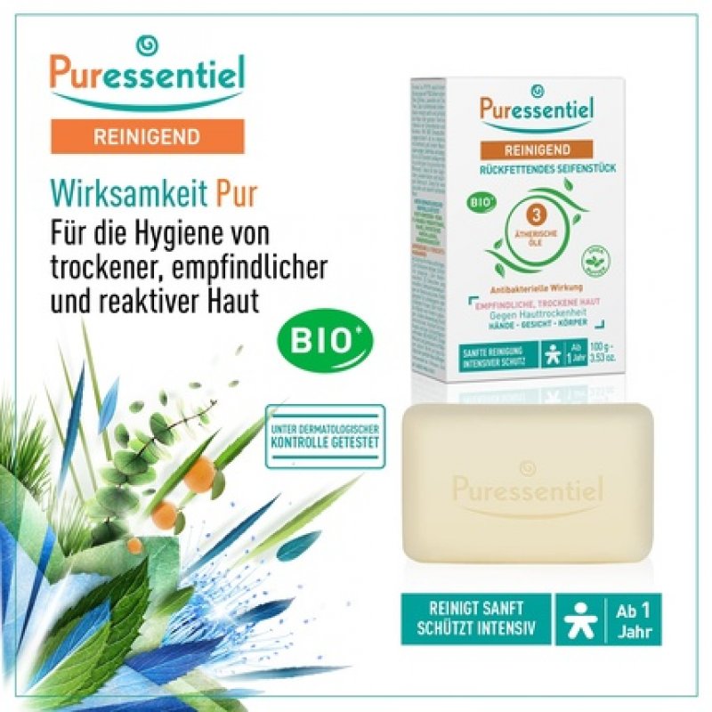 Puressentiel Organic Cleansing Soap with 3 Essential Oils for Face, Hands, and Body 100g