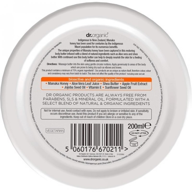 Dr Organic Manuka Honey Body Butter Moisturising for Dry Skin Men Women Natural Vegetarian Cruelty-Free Paraben &
