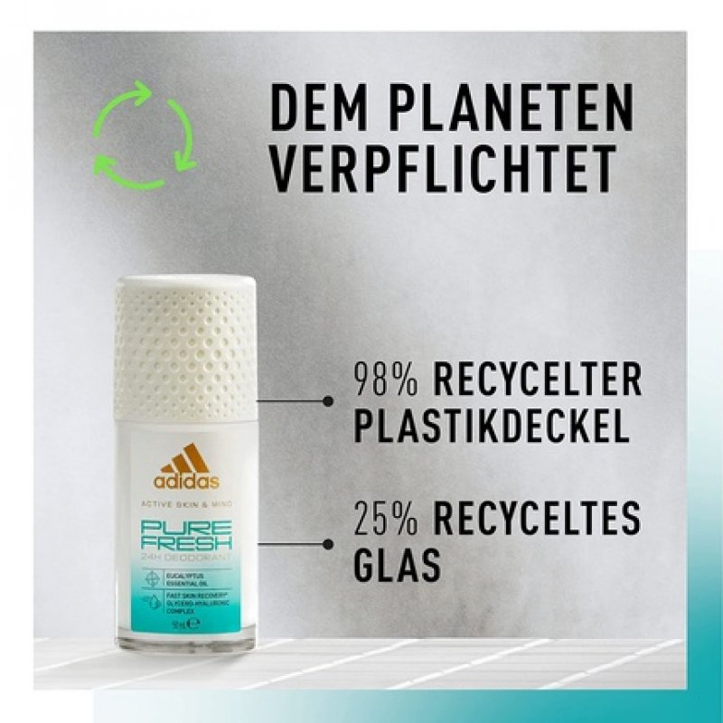 Adidas Pure Fresh Roll Deo Roll-On for Women with Eucalyptus Oil and 24 Hour Freshness 50ml