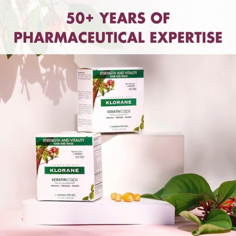 Klorane KERATINcaps Dietary Supplements with Biotin, Quinine, and B Vitamins for Thicker, Stronger Hair and Nails