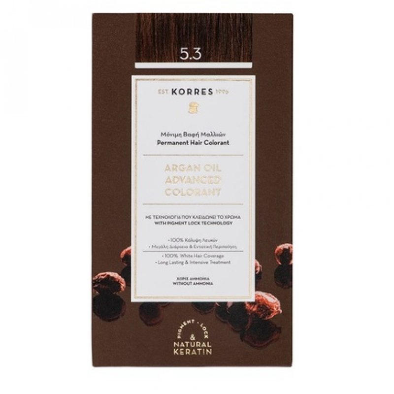 KORRES Argan Oil Colorant Ammonia-Free Hair Color Light Brown Gold 5.3 100% Gray Coverage and Vegan for Long-Lasting