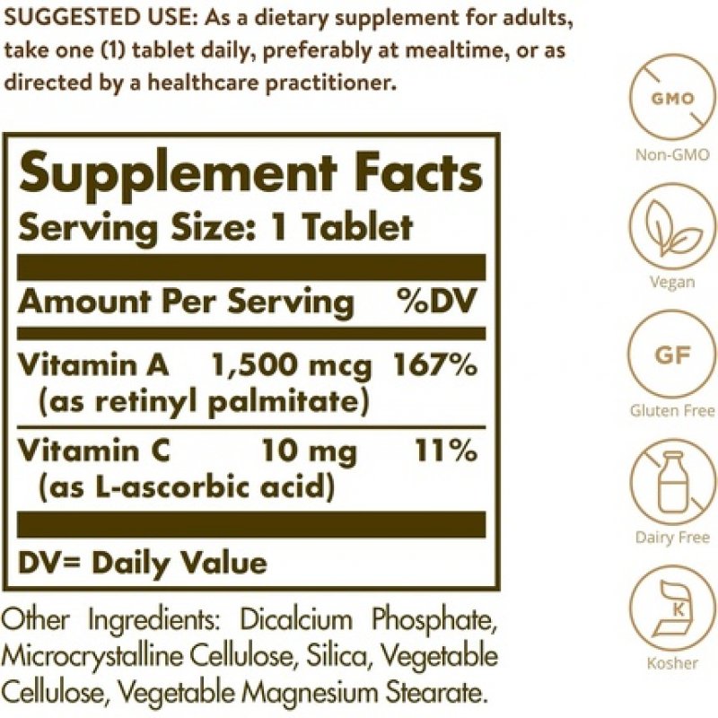 Solgar Dry Vitamin A 1500mcg 100 Tablets - Supports Healthy Eyes, Skin & Immune System - Non-GMO, Vegan, Gluten Free,