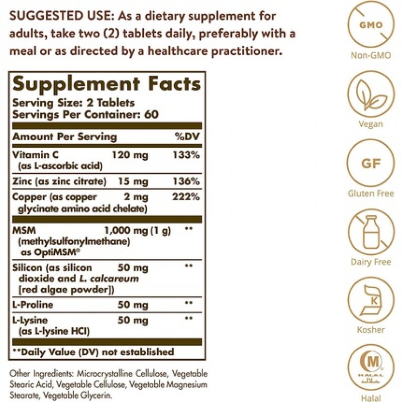 Solgar Skin Nails and Hair Improved MSM Formula with Vitamin C Vegan 120 Tablets