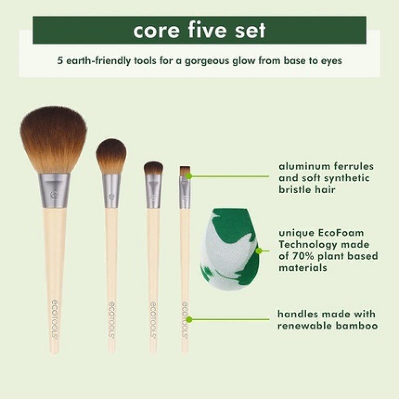 EcoTools Core Five Makeup Brush and Sponge Kit for Eyeshadow, Blush, Bronzer, Eyeliner, and Foundation - 5 Piece Set