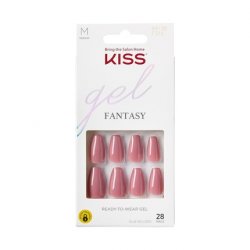 KISS Gel Fantasy Press On Nails Pink Medium Coffin Shape 28 Nails 2g Glue 1 Manicure Stick 1 Mini File Red