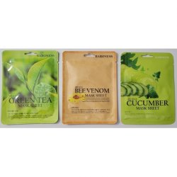 Korean Skincare Sheet Masks Baroness Set of 3 Green Tea, Bee Venom, Cucumber