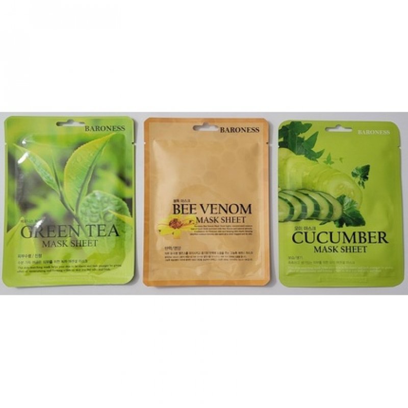 Korean Skincare Sheet Masks Baroness Set of 3 Green Tea, Bee Venom, Cucumber