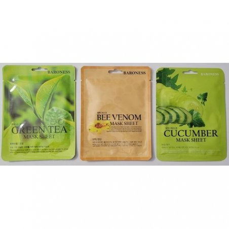 Korean Skincare Sheet Masks Baroness Set of 3 Green Tea, Bee Venom, Cucumber