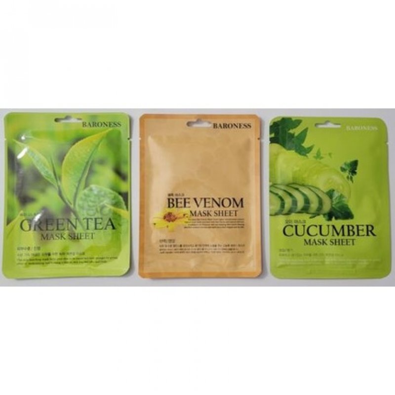 Korean Skincare Sheet Masks Baroness Set of 3 Green Tea, Bee Venom, Cucumber