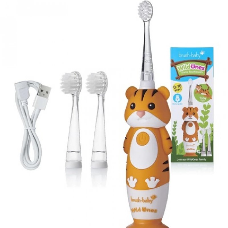Brush-Baby WildOnes Kids Electric Rechargeable Toothbrush 1 Handle Brush Head USB Charging Cable for Ages 0-10 Tiger