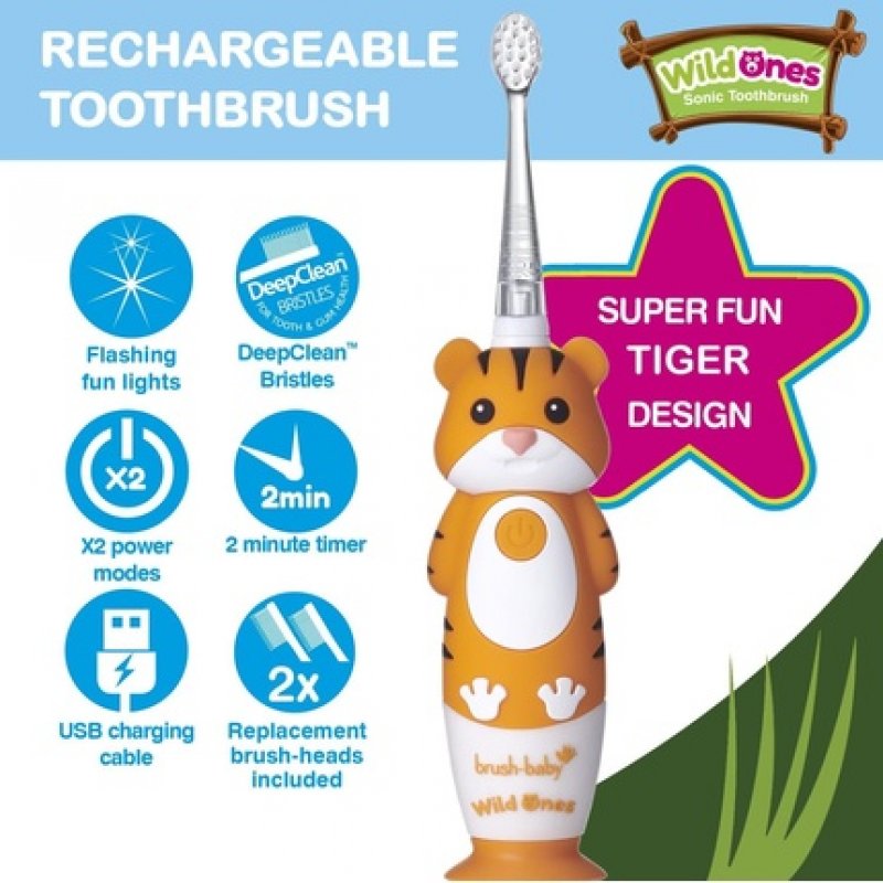 Brush-Baby WildOnes Kids Electric Rechargeable Toothbrush 1 Handle Brush Head USB Charging Cable for Ages 0-10 Tiger