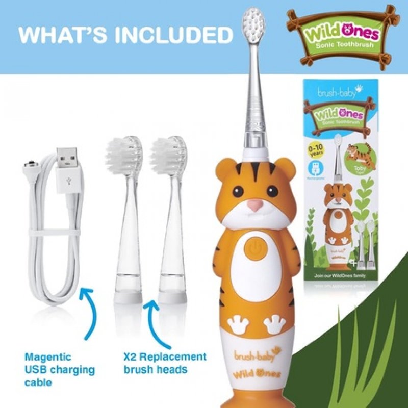 Brush-Baby WildOnes Kids Electric Rechargeable Toothbrush 1 Handle Brush Head USB Charging Cable for Ages 0-10 Tiger
