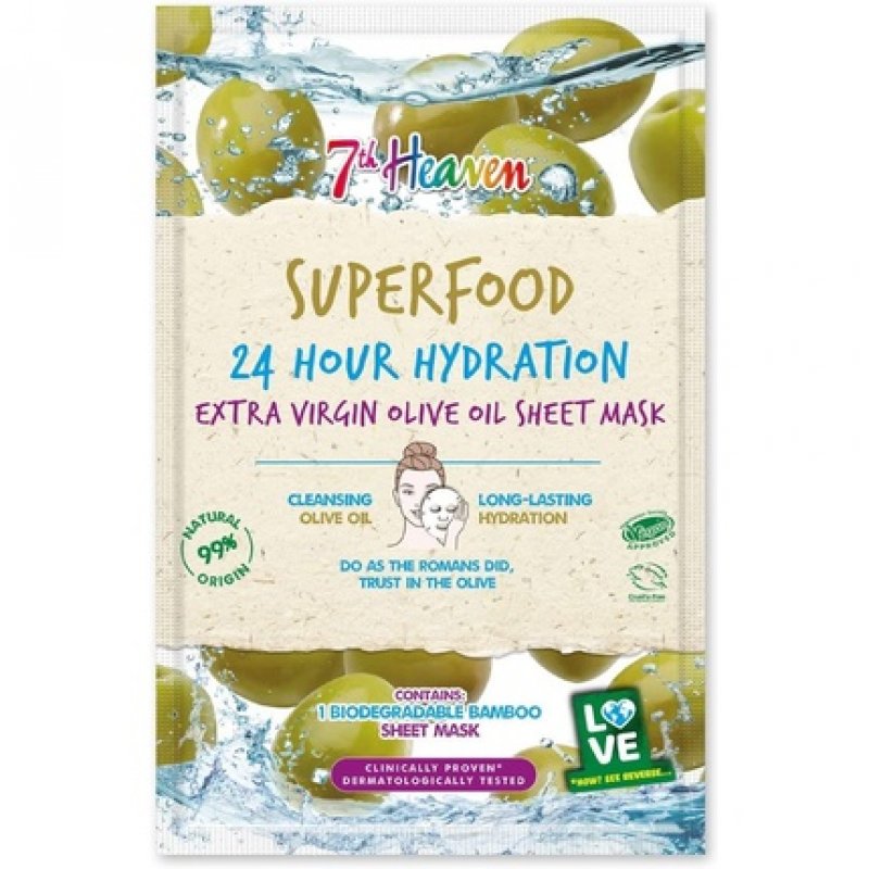 7th Heaven Superfood Intense Hydration Extra Virgin Olive Oil Biodegradable Bamboo Sheet Mask for Long Lasting