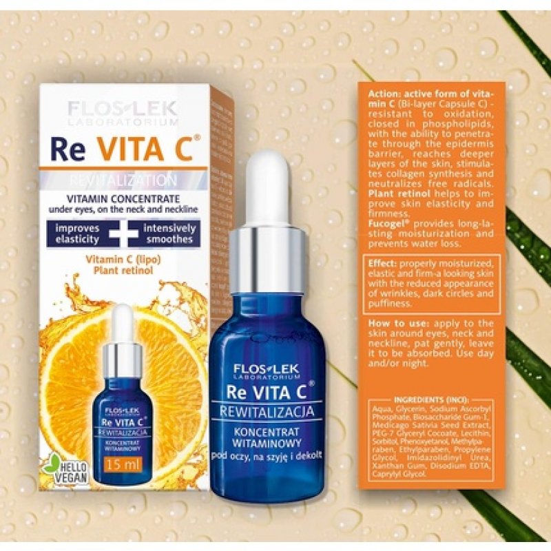 FLOSLEK Vitamin C Serum for Face, Eyes, Neck and Décolleté 15ml - Brightens, Moisturizes, Smooths - for Mature Skin