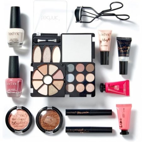 Technic Cosmetic Bag Set Full Make Up Kit 14 Mini Essentials for Eyes Lips Face Nails in a Portable Storage Bag Vegan