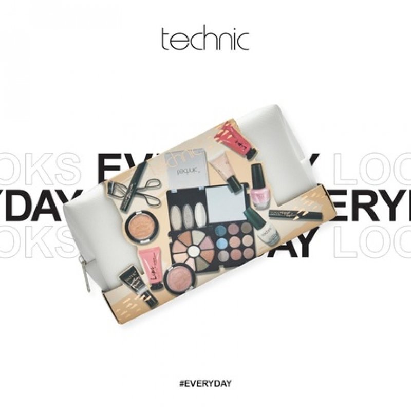 Technic Cosmetic Bag Set Full Make Up Kit 14 Mini Essentials for Eyes Lips Face Nails in a Portable Storage Bag Vegan