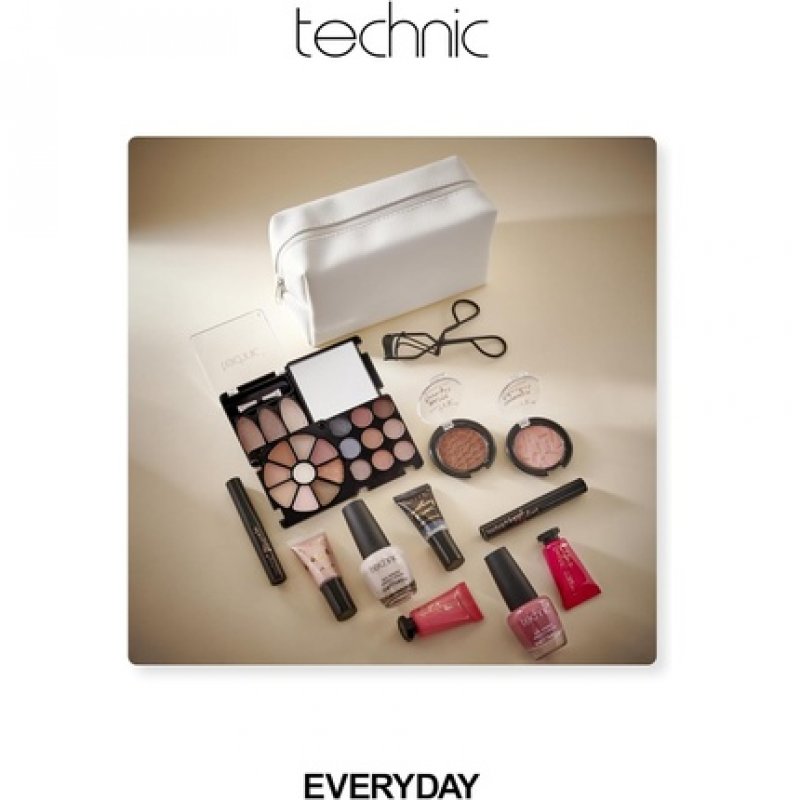 Technic Cosmetic Bag Set Full Make Up Kit 14 Mini Essentials for Eyes Lips Face Nails in a Portable Storage Bag Vegan