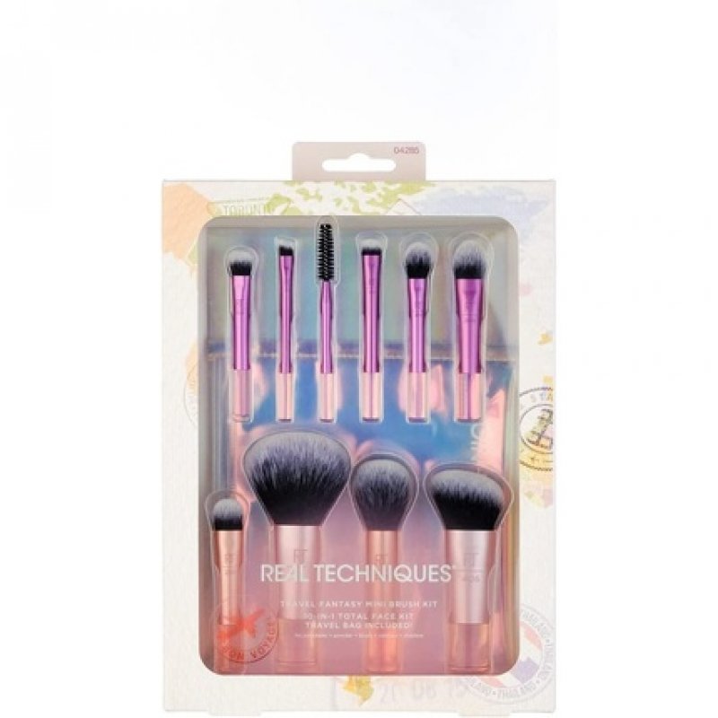 Real Technique Travel Fantasy Mini Brush Kit 10 Piece Set Purple and Mini Brush Foundation and Blush Duo Travel Size
