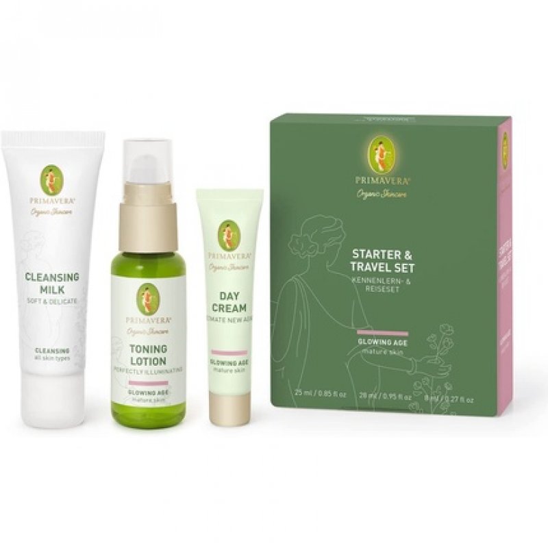 PRIMAVERA Glowing Age Starter and Travel Set Natural Cosmetics for Mature Demanding Skin - Cleaning Toner Care - Vegan