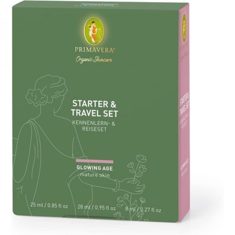 PRIMAVERA Glowing Age Starter and Travel Set Natural Cosmetics for Mature Demanding Skin - Cleaning Toner Care - Vegan