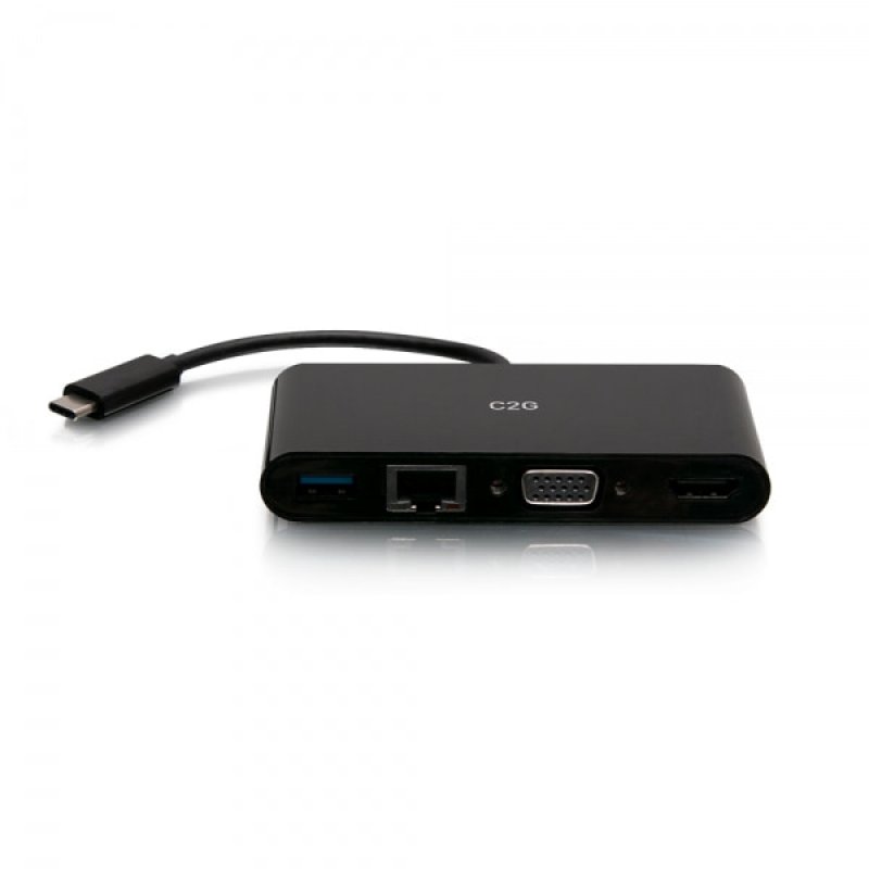 C2G Adaptateur multiport USB-C vers HDMI, VGA, USB-A, et RJ45 - 4K 30 Hz - Noir