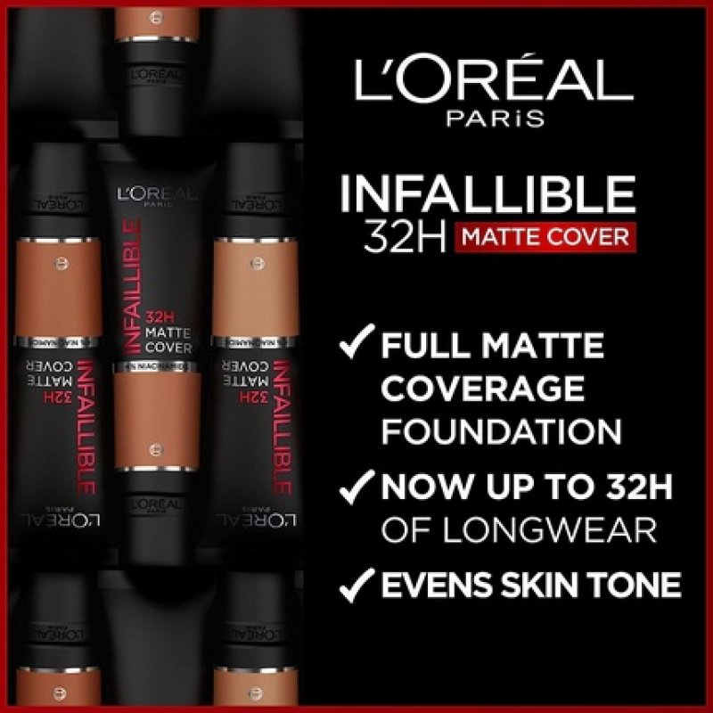 L'Oreal Paris Infallible 32H Matte Cover Liquid Foundation with 4% Niacinamide and SPF 25 30ml Shade 310