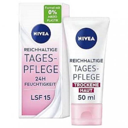 NIVEA Rich Day Care 24h Moisture 50ml Face Cream for Dry Skin with SPF 15 Moisturizing Day Cream with Natural Almond Oil