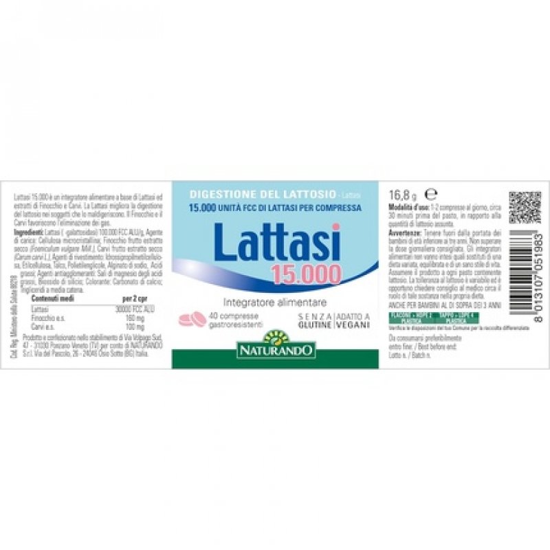 Naturando Srl Lattasi 15000 Gastro Resistant 40 Tablets Lactose Digestin Supplement 80g