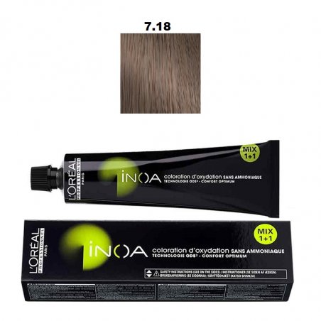 Vopsea permanenta fara amoniac L`Oreal Professionnel Inoa 7.18, 60ml