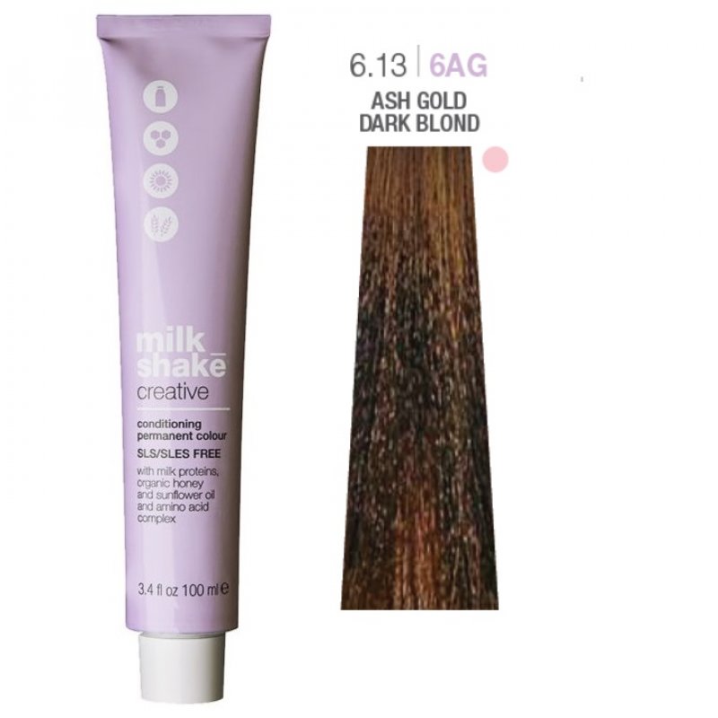 Vopsea permanenta Milk Shake Creative 6.136AG, Blond Inchis Auriu Cenusiu Bej, 100ml