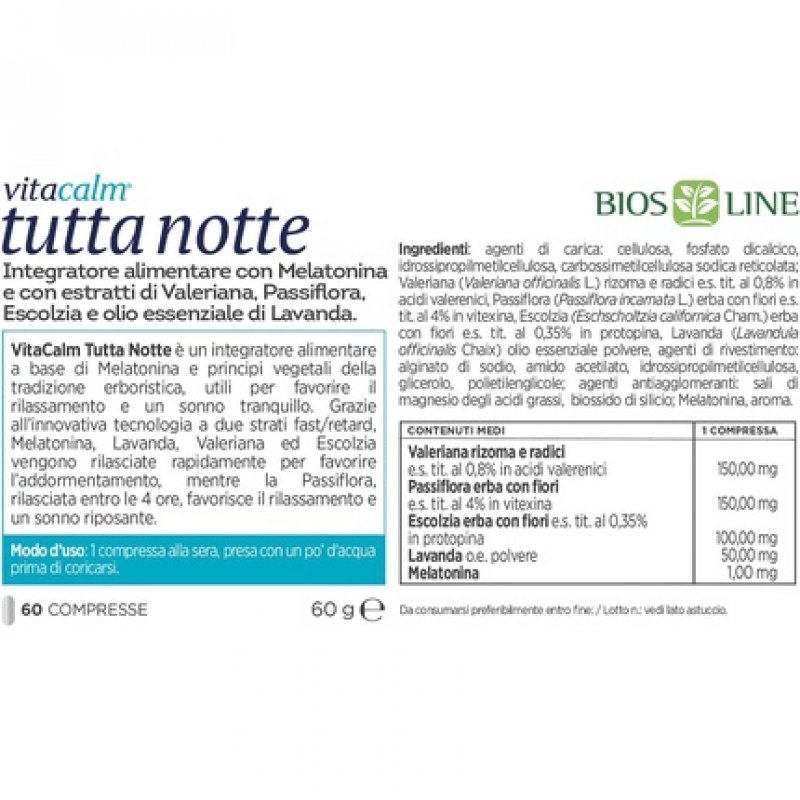 BIOS LINE VitaCalm Whole Night Sleep Supplement with Melatonin 60 Tablets