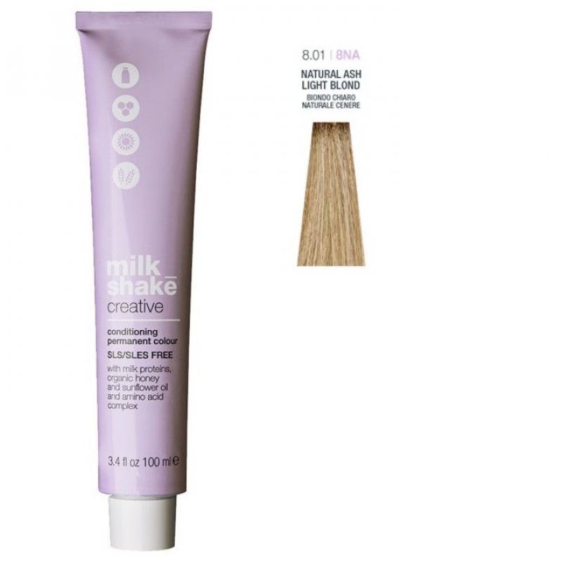 Vopsea permanenta Milk Shake Creative 8.018NA, Blond Deschis Cenusiu Natural, 100ml