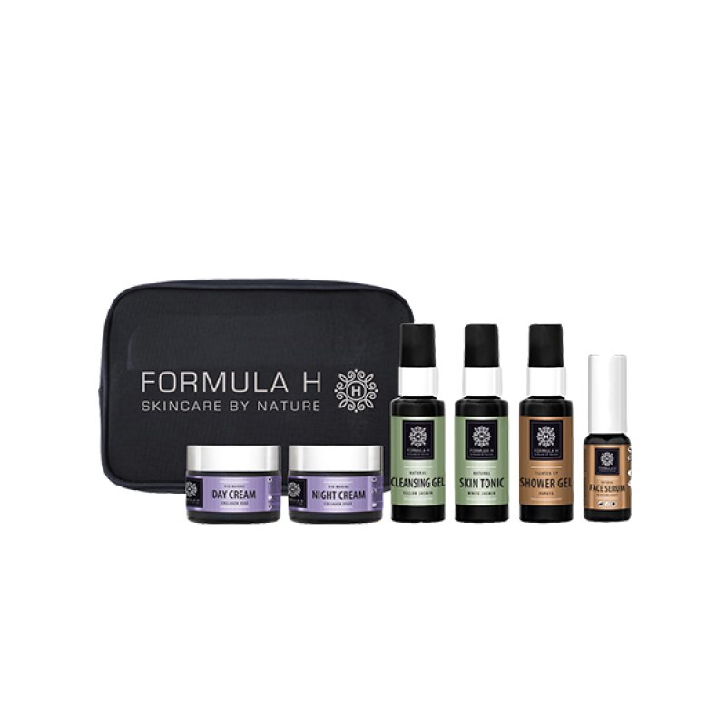 Set Formula H Travel Bag, Gel curatare 50ml Lotiune tonica 50ml Ser pentru ten 10ml Crema de zi Collagen 10ml 