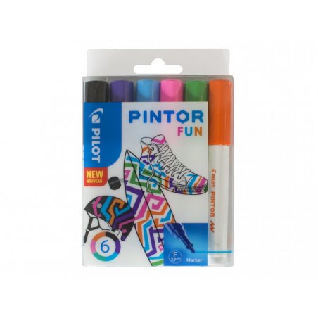 Pilot Pintor Fun marker 6 pc(s) Bullet tip Black, Light Blue, Lime, Orange, Pink, Violet