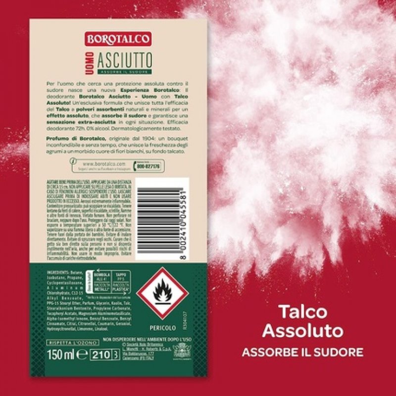 Borotalco Dry Spray Deodorant for Men Alcohol-Free with Absolute Talcum 150ml