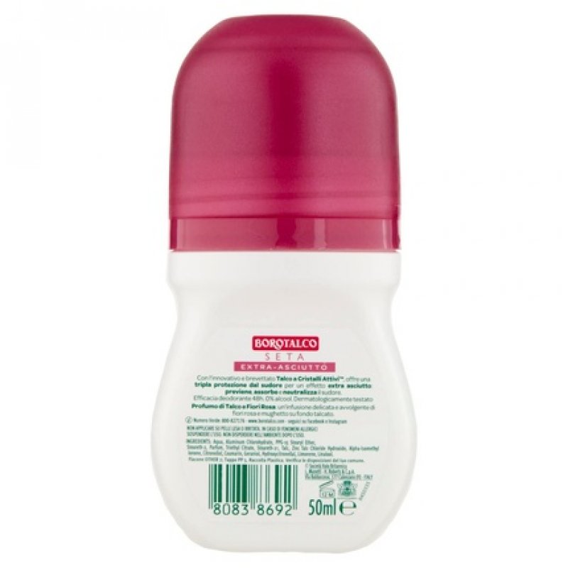 Borotalco Silk Roll On Deodorant with Alcohol-Free Formula and Talc with Active Crystals Triple Protection Talc and