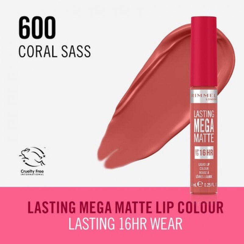 Rimmel London Lasting Mega Matte Liquid Lipstick Long-Lasting Hydrating Vegan Formula 7.4ml 600 Coral Sass