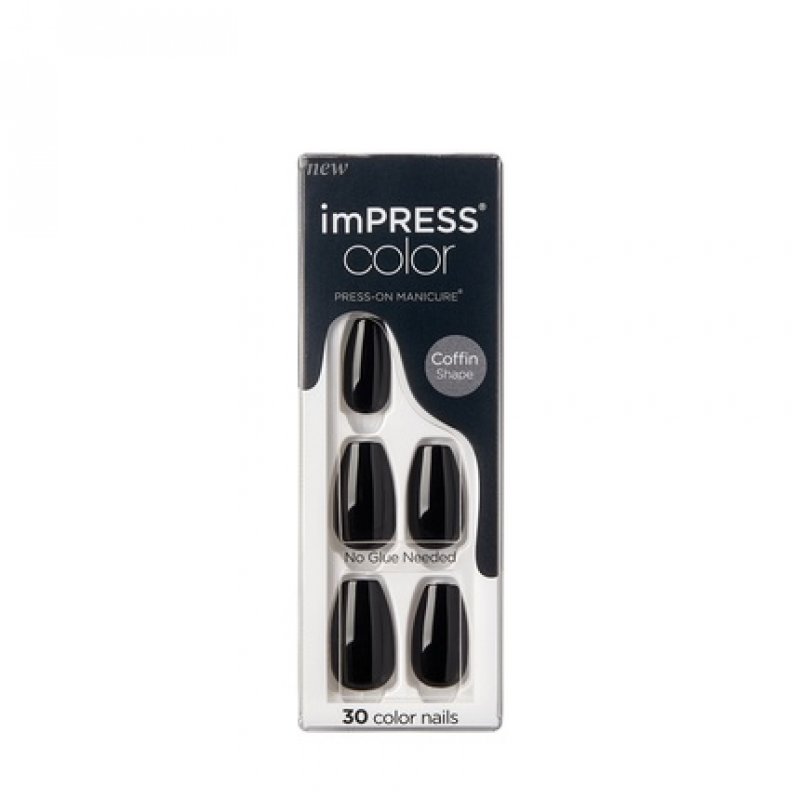 Kiss Impress Color Medium Coffin Press-On Nails, All Black, 30 Count