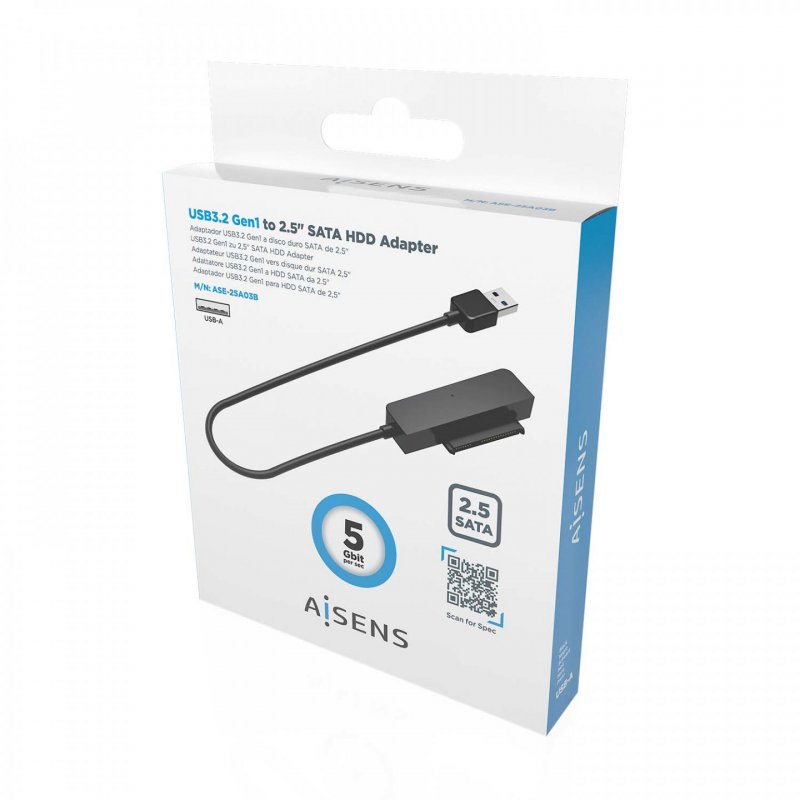 AISENS ASE-25A03B Boîtier de disques de stockage Boîtier HDD Noir 2.5" Alimenté par port USB