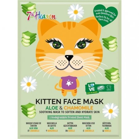 7th Heaven Kitten Face Sheet Mask with Chamomile and Aloe Vera to Soften and Hydrate Skin