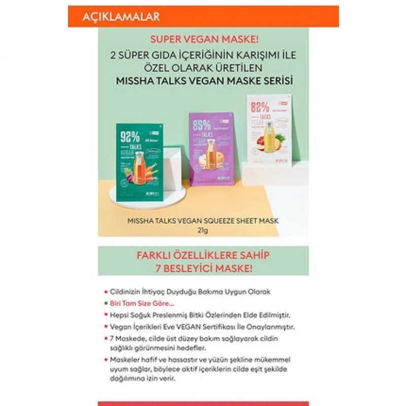 MISSHA Talks Vegan Squeeze Sheet Mask Skin Fitness Vegan Sheet Mask for Tired Skin