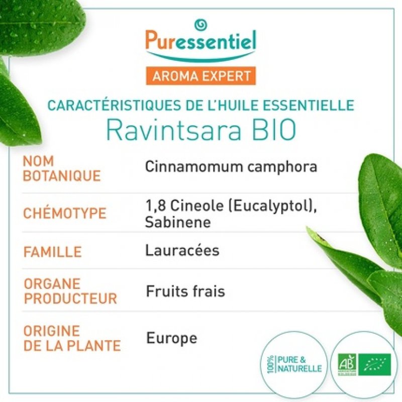 Puressentiel Ravintsara Organic Essential Oil 100% Pure and Natural HEBBD 10ml