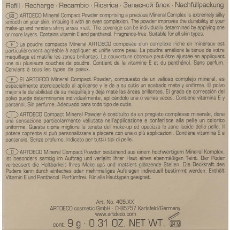 ARTDECO Mineral Compact Powder Refill with Sea Minerals for a Smooth Complexion 9g 10 Basic Beige