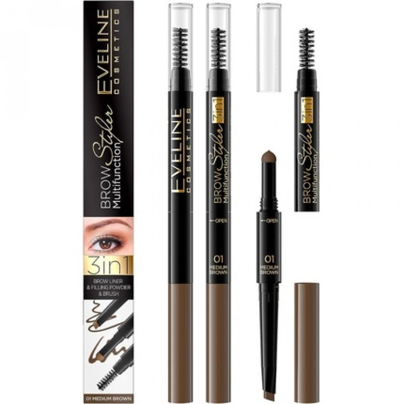 Eveline Cosmetics Brow Styler 3in1 Long-Lasting Multifunctional Double-Ended Eyebrow Pencil Definer Medium Brown
