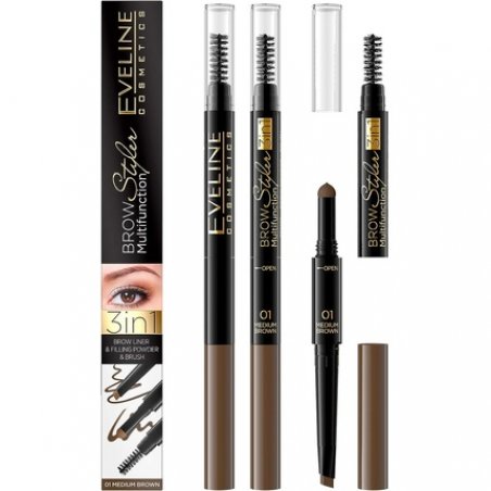 Eveline Cosmetics Brow Styler 3in1 Long-Lasting Multifunctional Double-Ended Eyebrow Pencil Definer Medium Brown